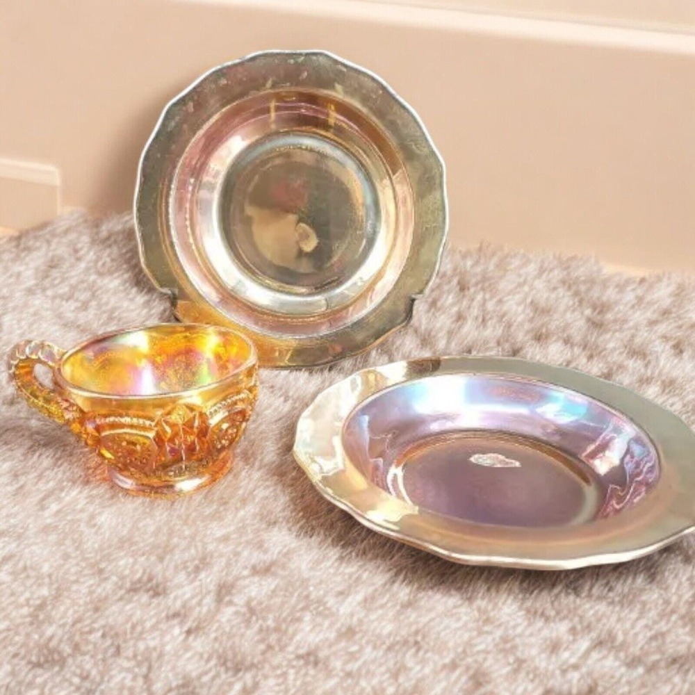 Vintage Imperial Glass Marigold Carnival Glass Windmill Cup and 2 Saucers Set